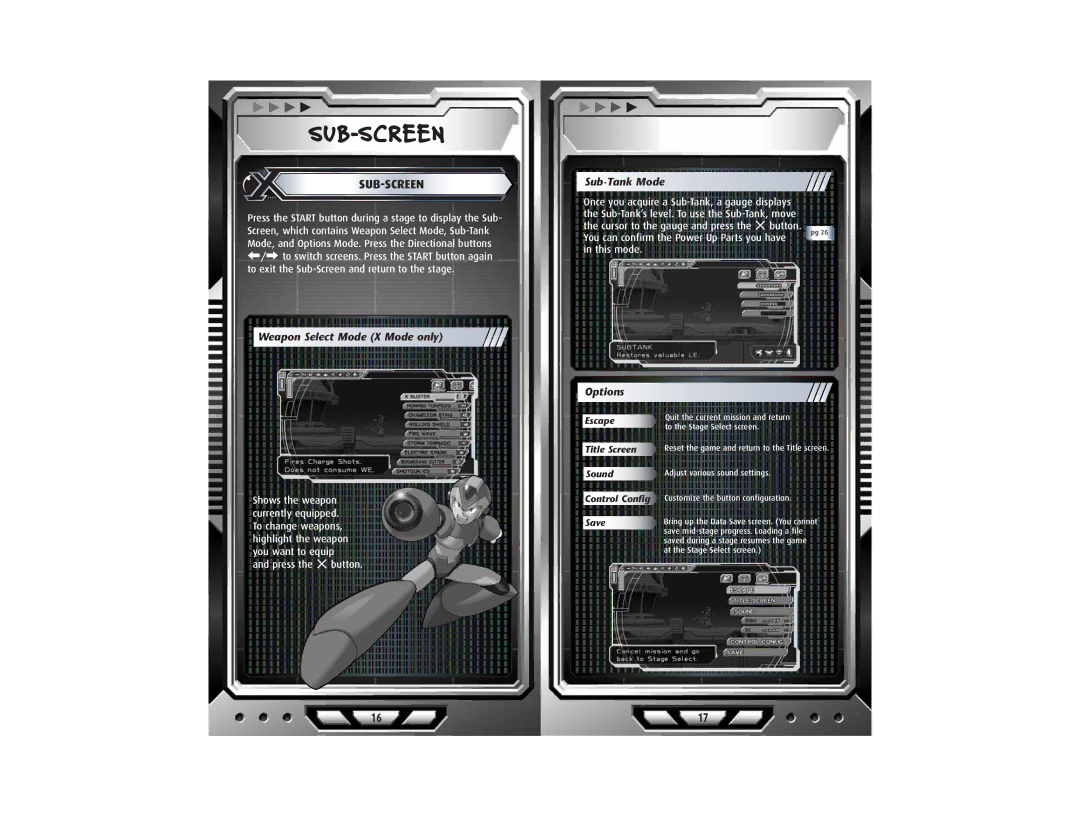 Capcom PlayStationPortable, ULUS 10068 manual Sub-Screen, Weapon Select Mode X Mode only, Sub-Tank Mode 