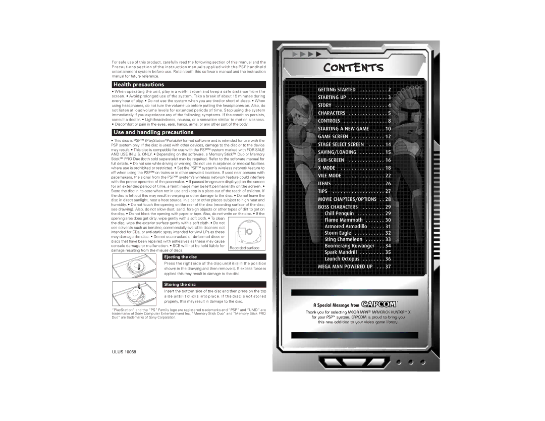 Capcom PlayStationPortable, ULUS 10068 manual Contents 