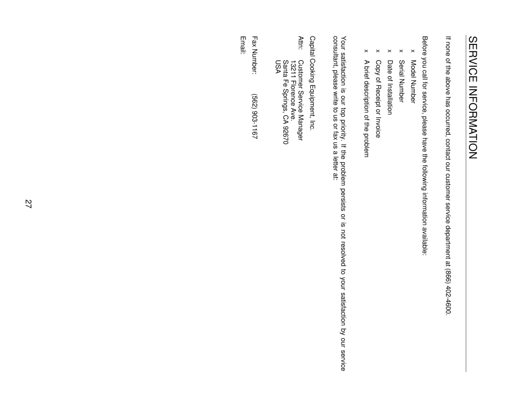 Capital Cooking MWO301ES, MWO302ES manual Service Information, Fax Number 562 