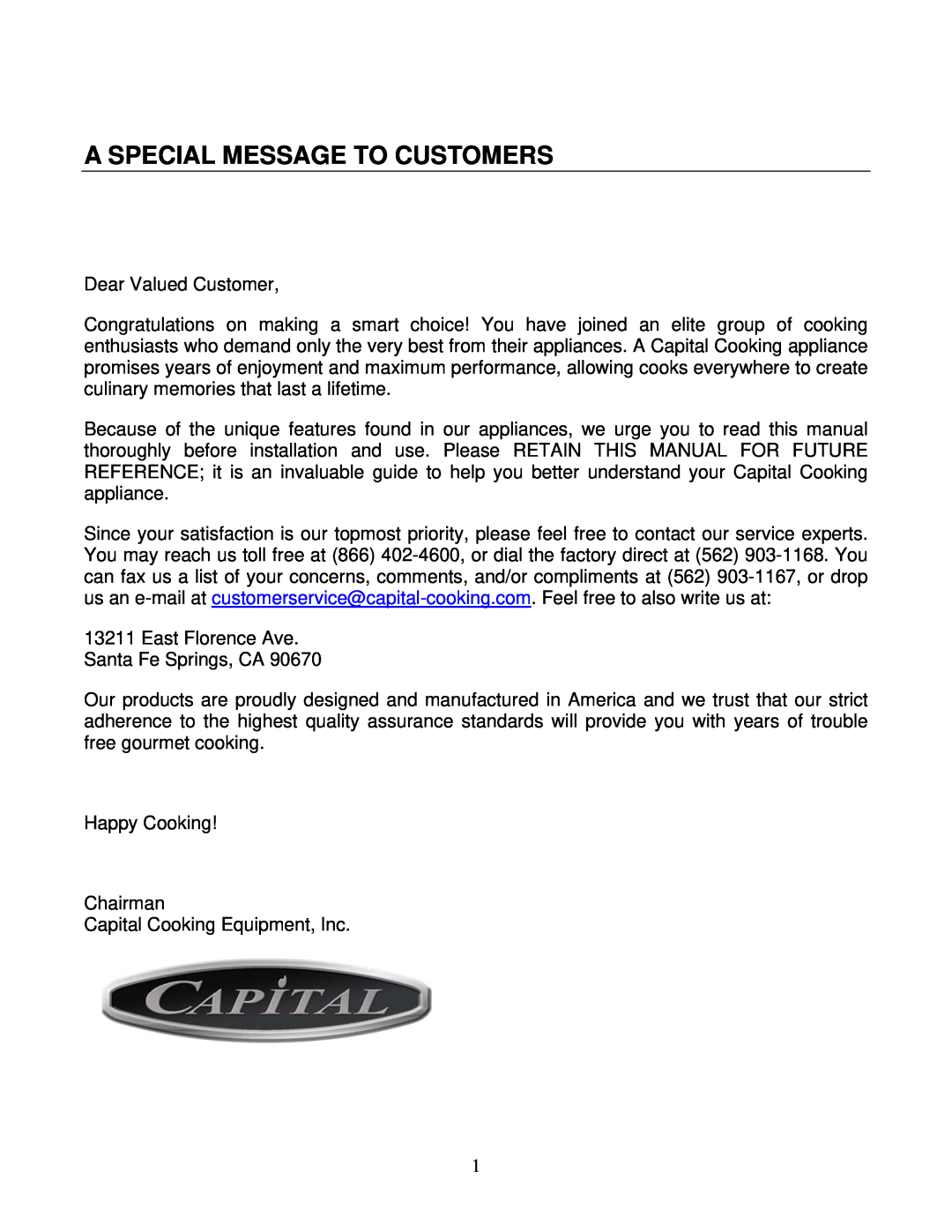 Capital Cooking MWO301ES, MWO302ES manual A Special Message To Customers 