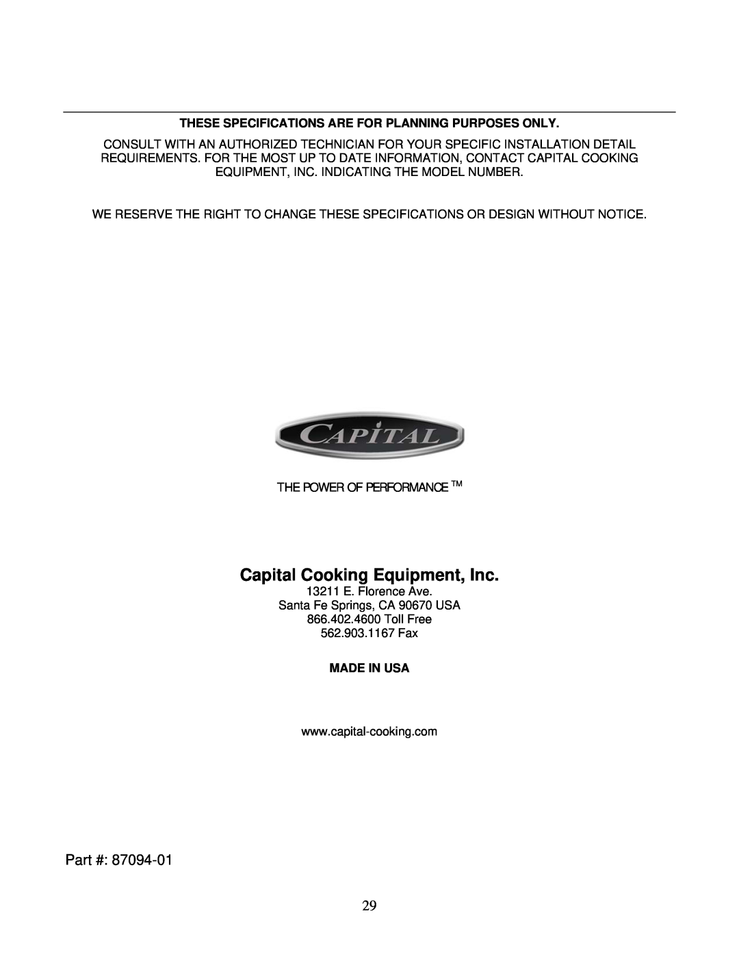 Capital Cooking MWO301ES, MWO302ES manual Capital Cooking Equipment, Inc 