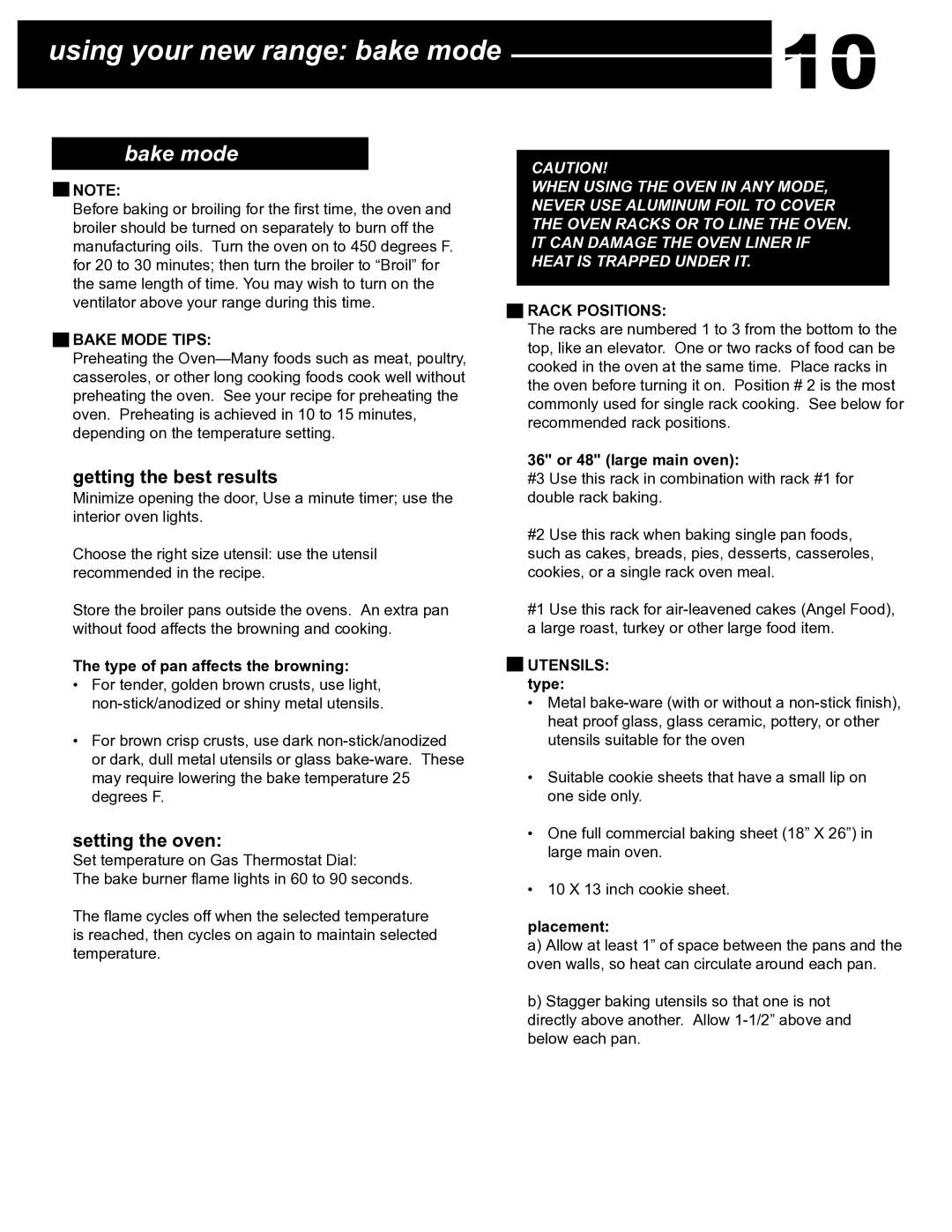 Capital Cooking Performance Series Using your new range bake mode, Bake mode, Getting the best results, Setting the oven 