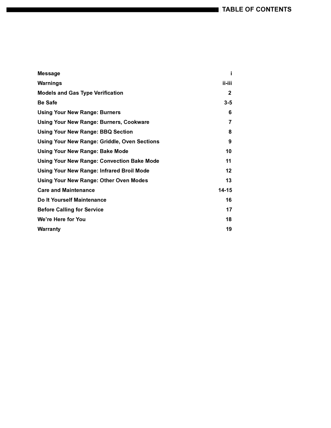 Capital Cooking Performance Series manual Table of Contents 