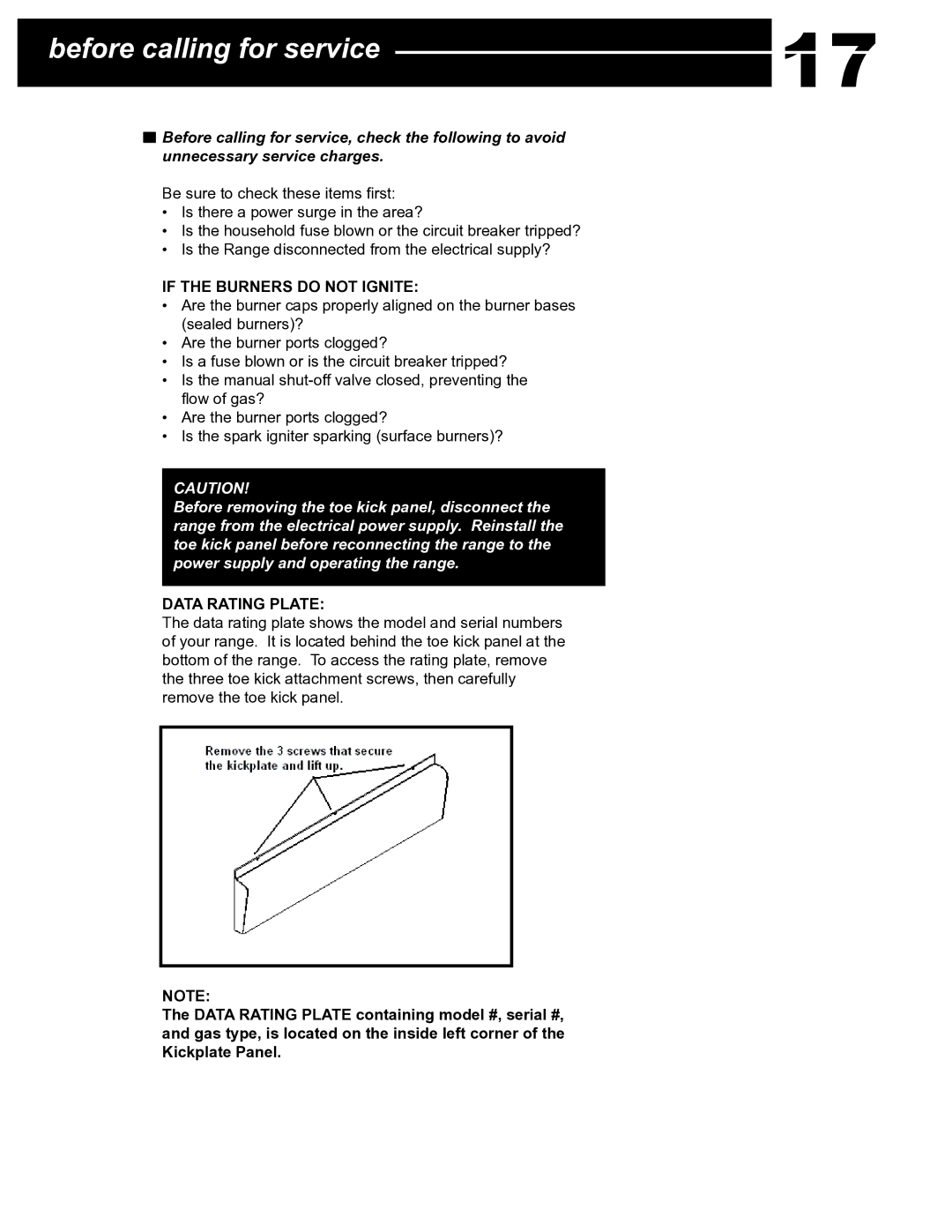 Capital Cooking Performance Series manual Before calling for service, If the Burners do not Ignite, Data Rating Plate 