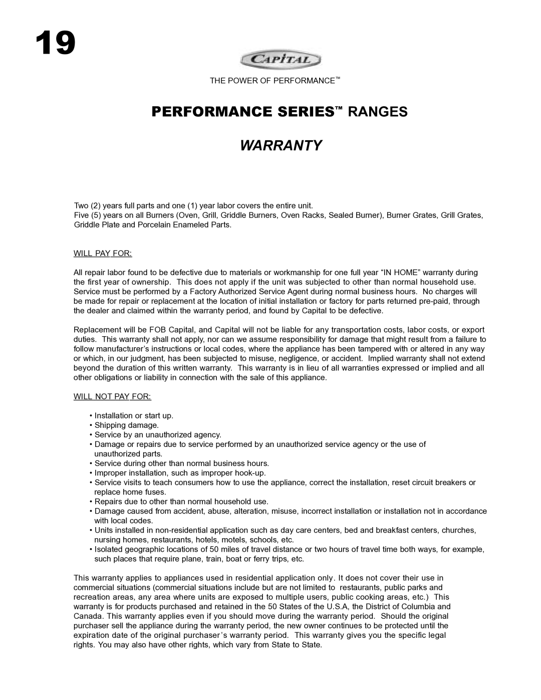 Capital Cooking Performance Series manual Warranty 