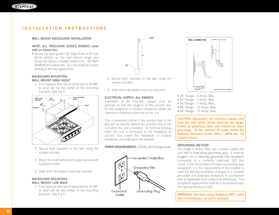 Capital Cooking Precision Series manual Installation I N S T R U C T I O N S 