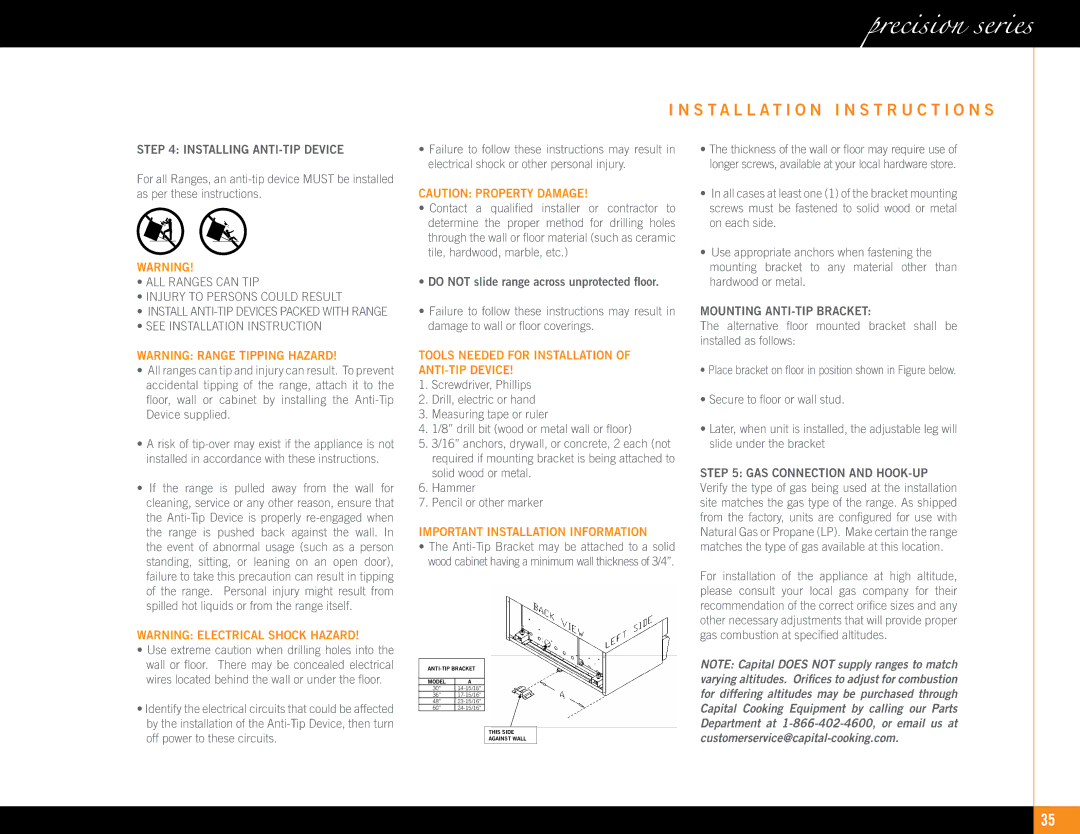 Capital Cooking Precision Series manual Installing ANTI-TIP Device, Mounting ANTI-TIP Bracket 