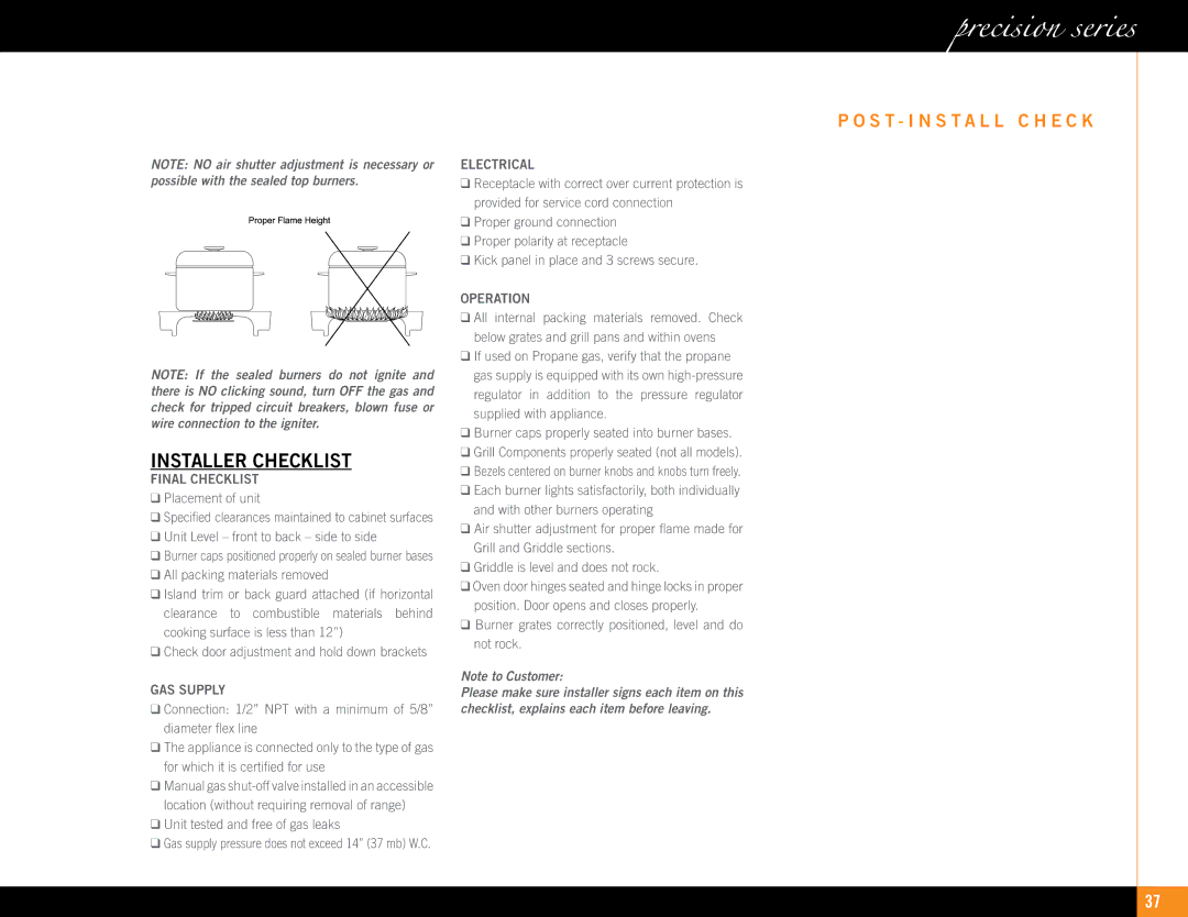 Capital Cooking Precision Series manual S T Install C H E C K, Final Checklist, Electrical, Operation 