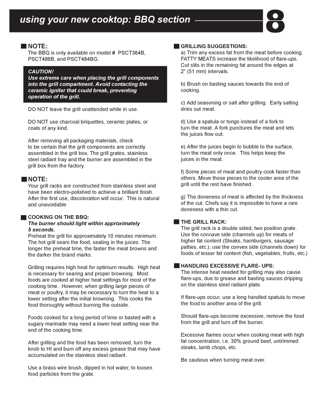 Capital Cooking PSCT36 manual Using your new cooktop BBQ section, Burner should light within approximately 5 seconds 