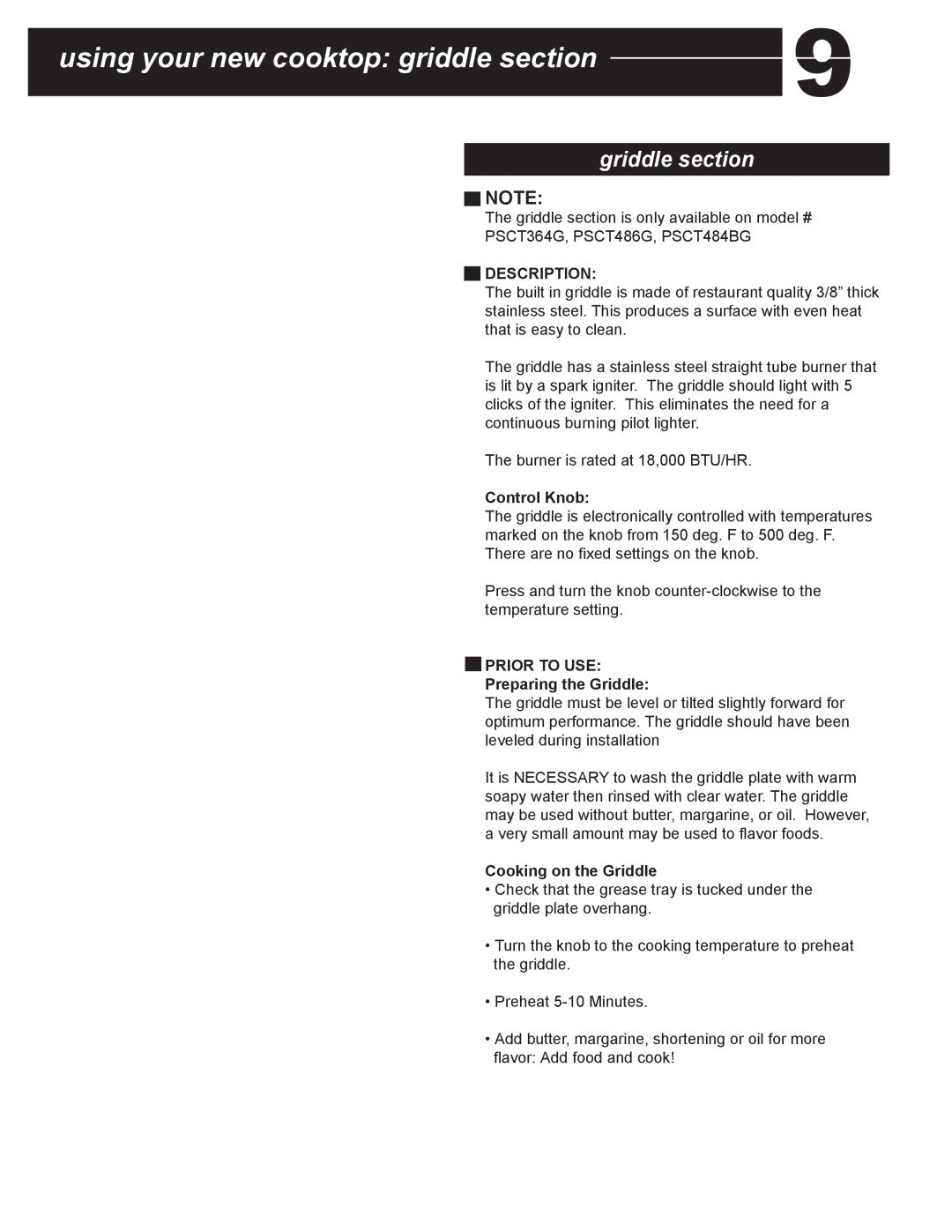 Capital Cooking PSCT36 manual Using your new cooktop griddle section, Description, Prior to USE 