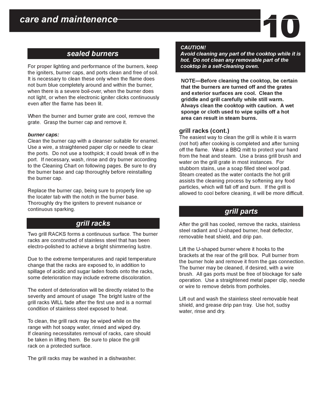 Capital Cooking PSCT36 manual Care and maintenence, Burner caps 