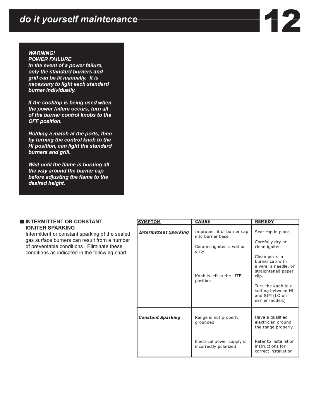 Capital Cooking PSCT36 manual Do it yourself maintenance, Intermittent or Constant Igniter Sparking 