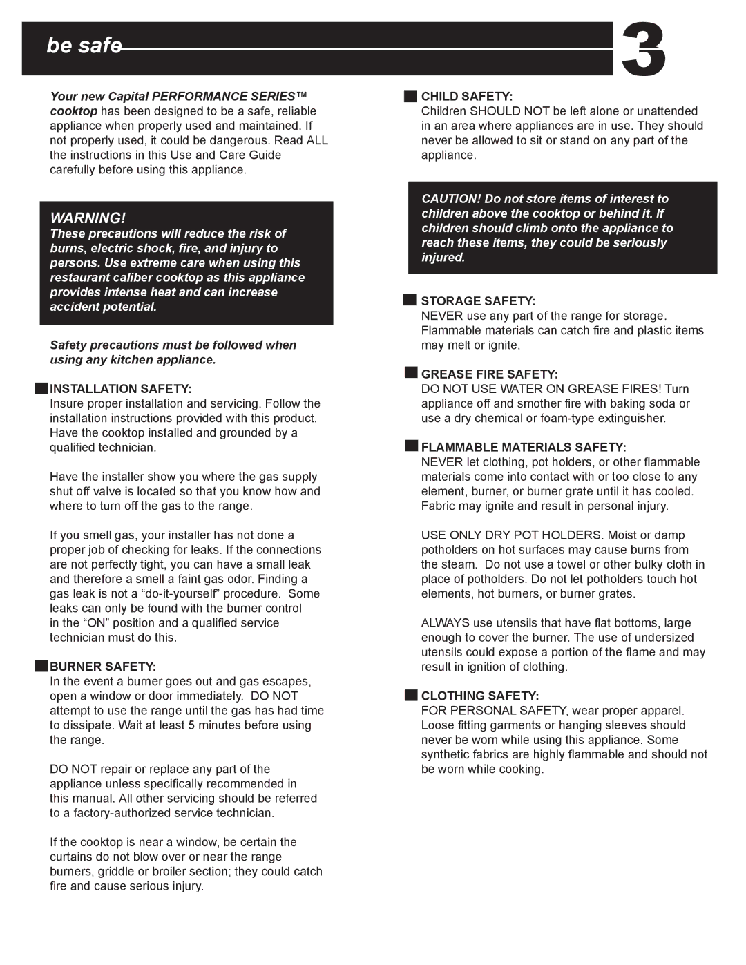 Capital Cooking PSCT36 manual Be safe 