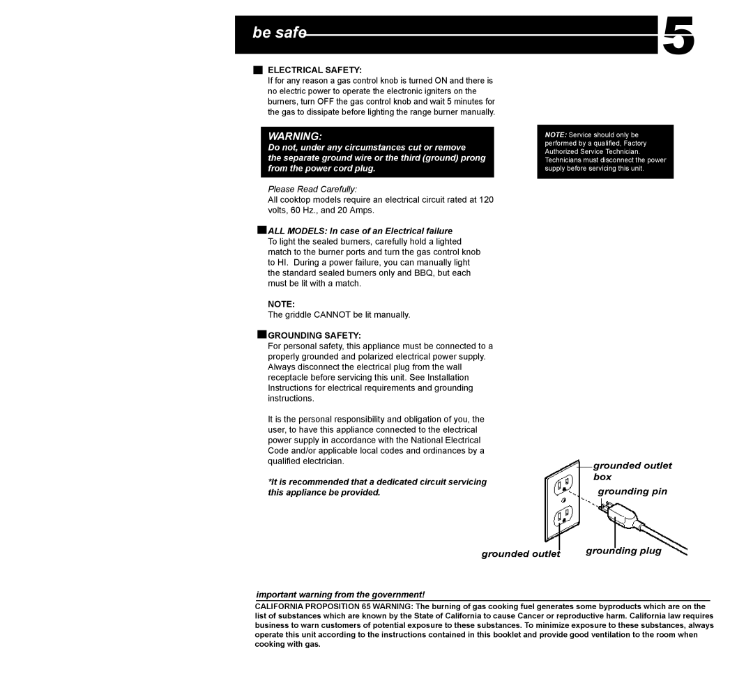 Capital Cooking PSCT36 manual Electrical Safety, Grounding Safety, Important warning from the government 