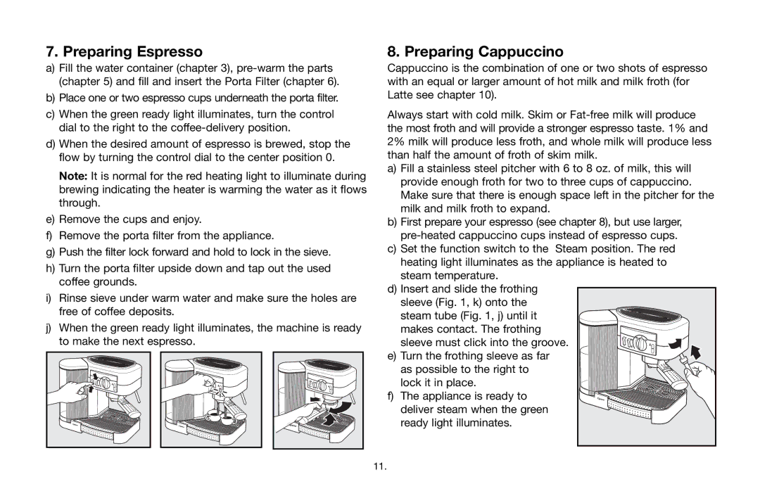 Capresso 115 warranty Preparing Espresso, Preparing Cappuccino 