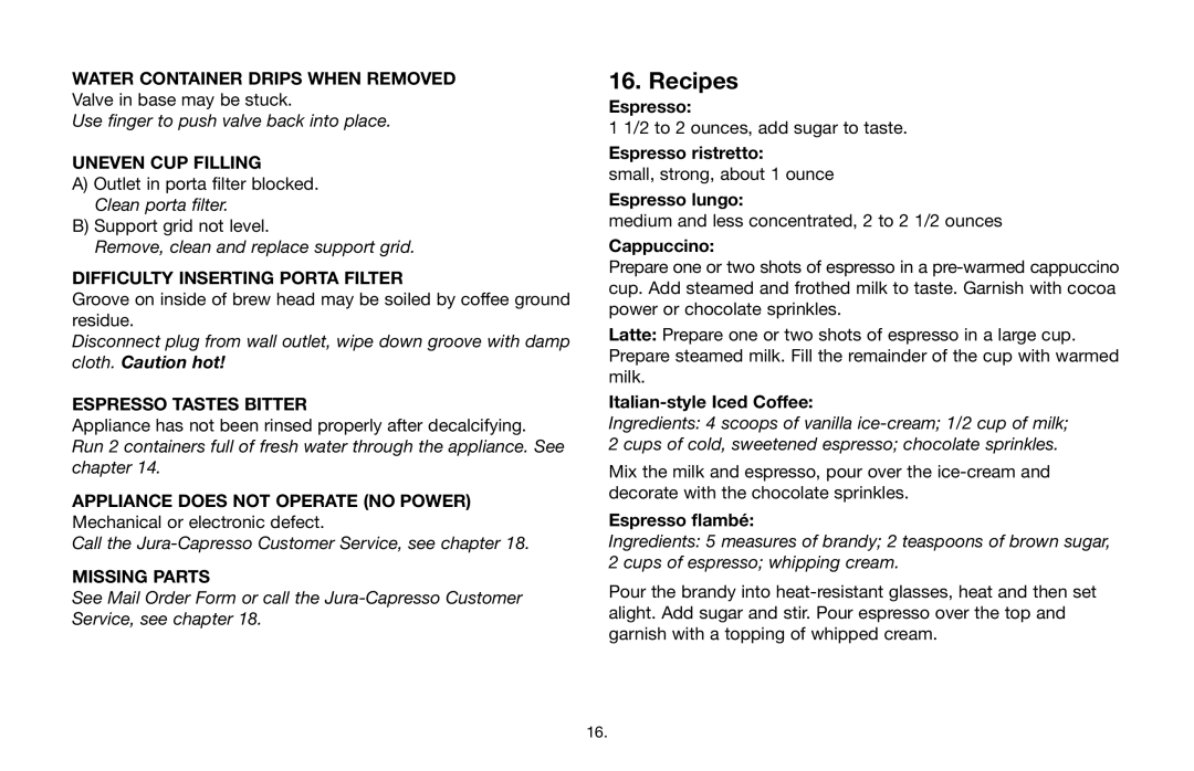 Capresso 115 warranty Recipes 