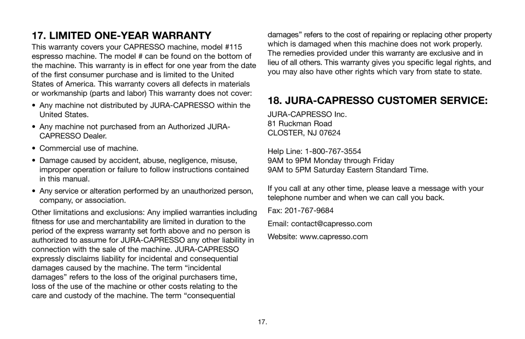 Capresso 115 warranty Limited ONE-YEAR Warranty 