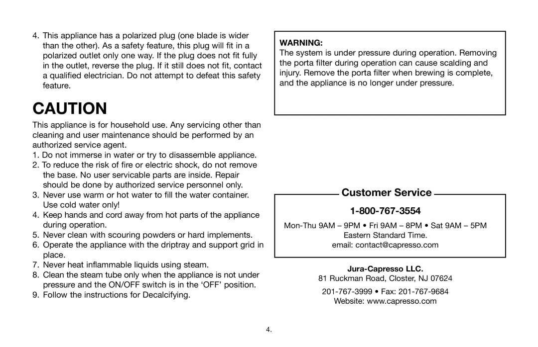 Capresso 115 warranty Customer Service 