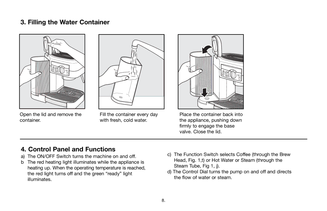 Capresso 115 warranty Filling the Water Container, Control Panel and Functions 