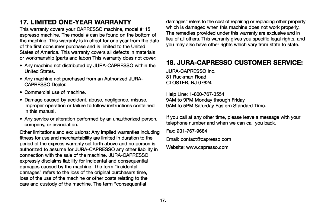 Capresso 115 warranty Limited One-Year Warranty, Jura-Capresso Customer Service 