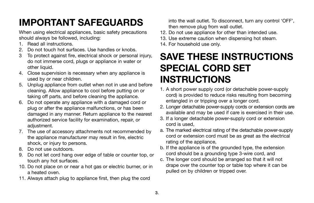 Capresso 115 warranty Important Safeguards, Save These Instructions Special Cord Set Instructions 