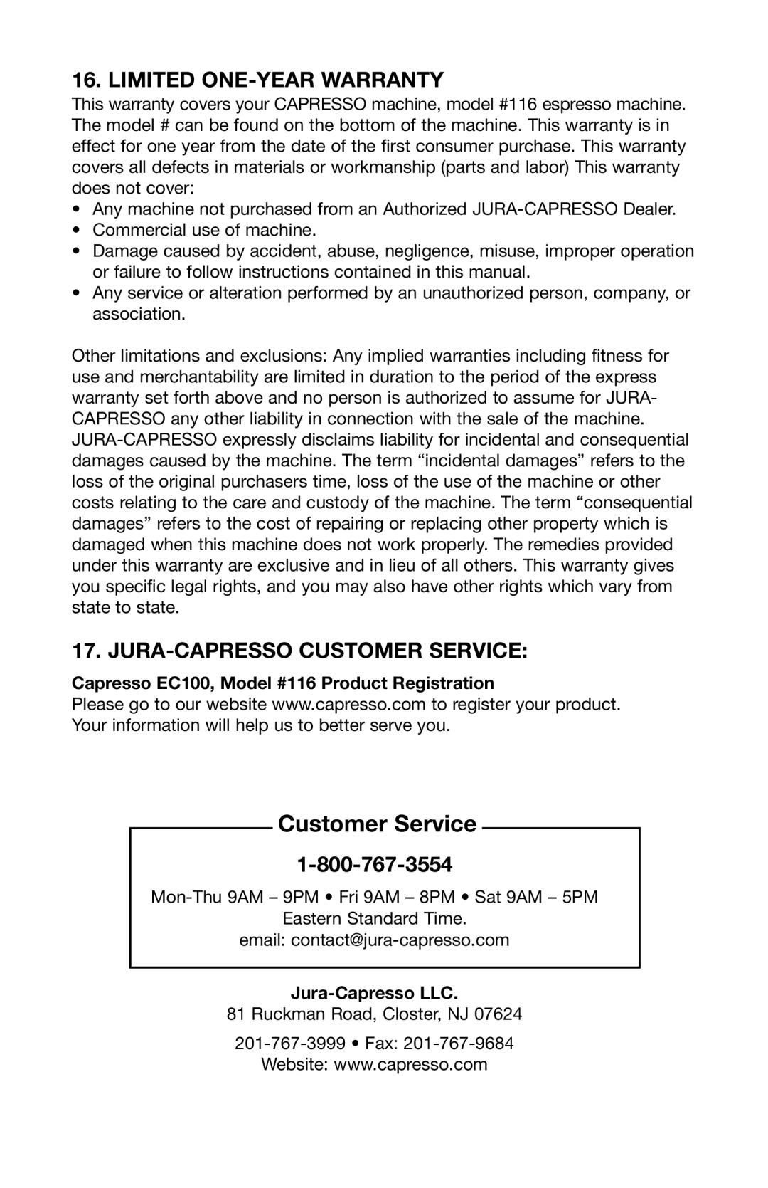 Capresso warranty Capresso EC100, Model #116 Product Registration, Jura-Capresso LLC 