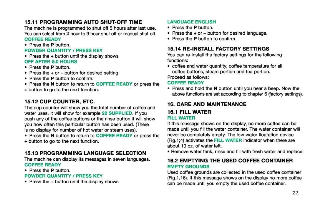 Capresso S9 Programming Auto Shut-Off Time, Cup Counter, Etc, Programming Language Selection, Re-Install Factory Settings 