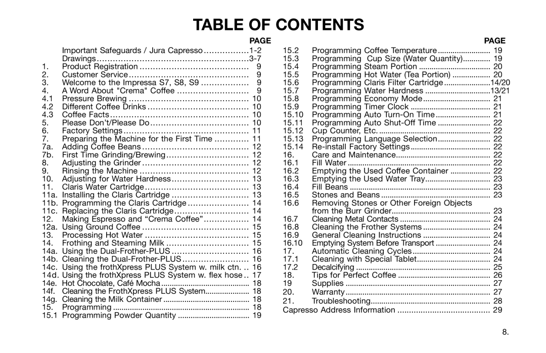 Capresso 13215, S7, S9, S8 warranty Table Of Contents 