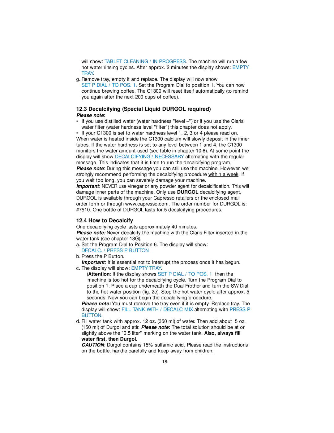 Capresso 156 warranty Decalcifying Special Liquid Durgol required, How to Decalcify 