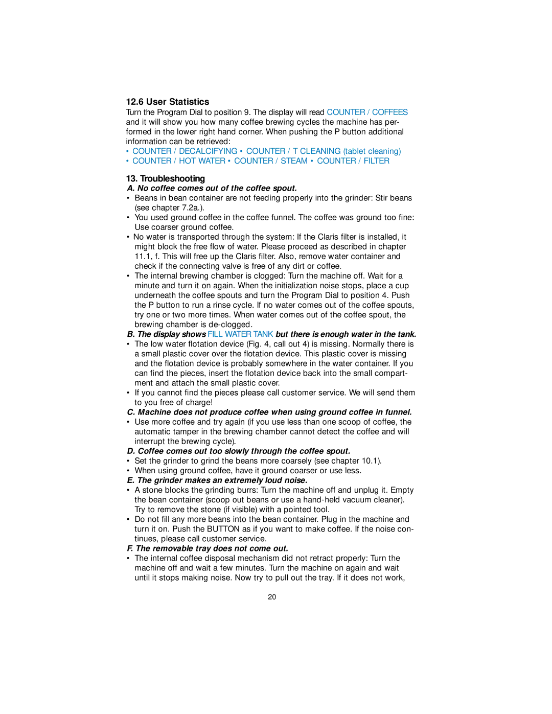 Capresso 156 warranty User Statistics, Troubleshooting, Counter / HOT Water Counter / Steam Counter / Filter 