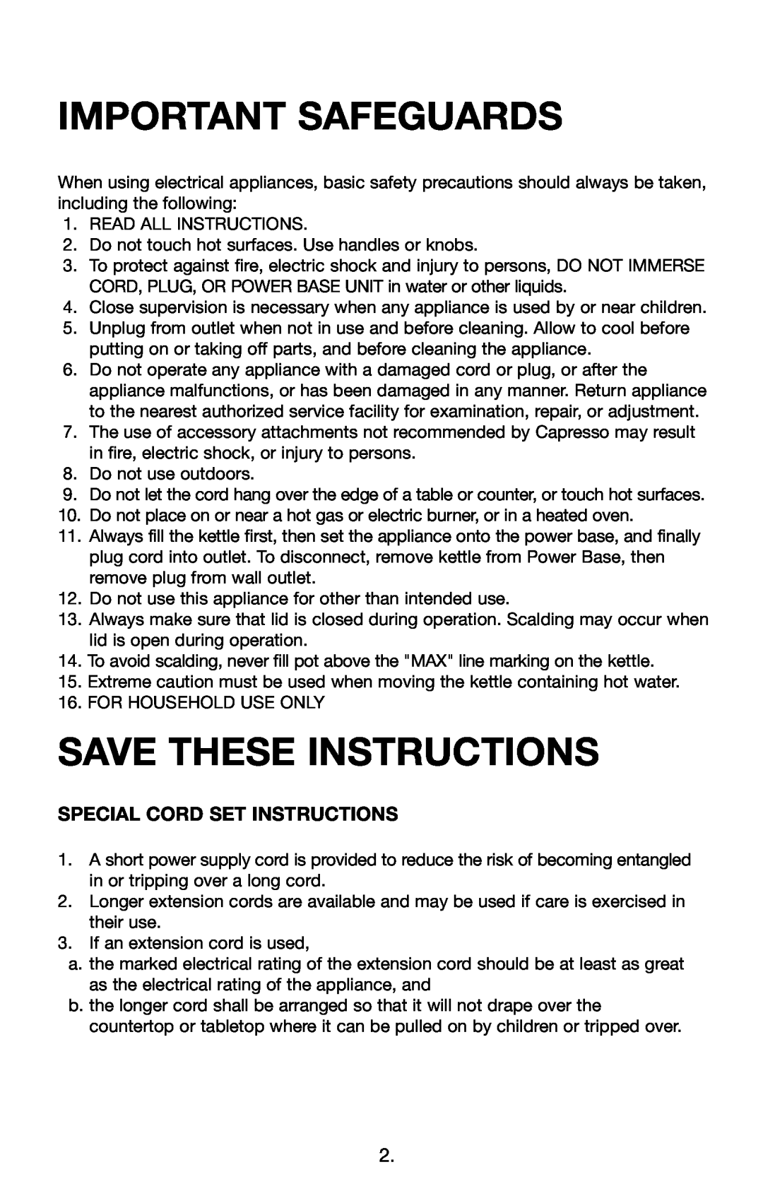 Capresso 259 warranty Special Cord Set Instructions, Important Safeguards, Save These Instructions 
