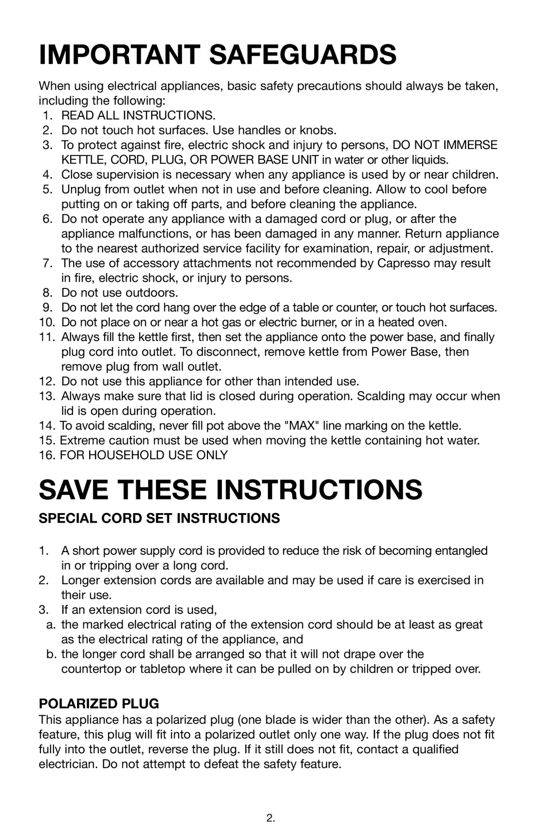 Capresso 260, PT1109 operating instructions Important Safeguards 