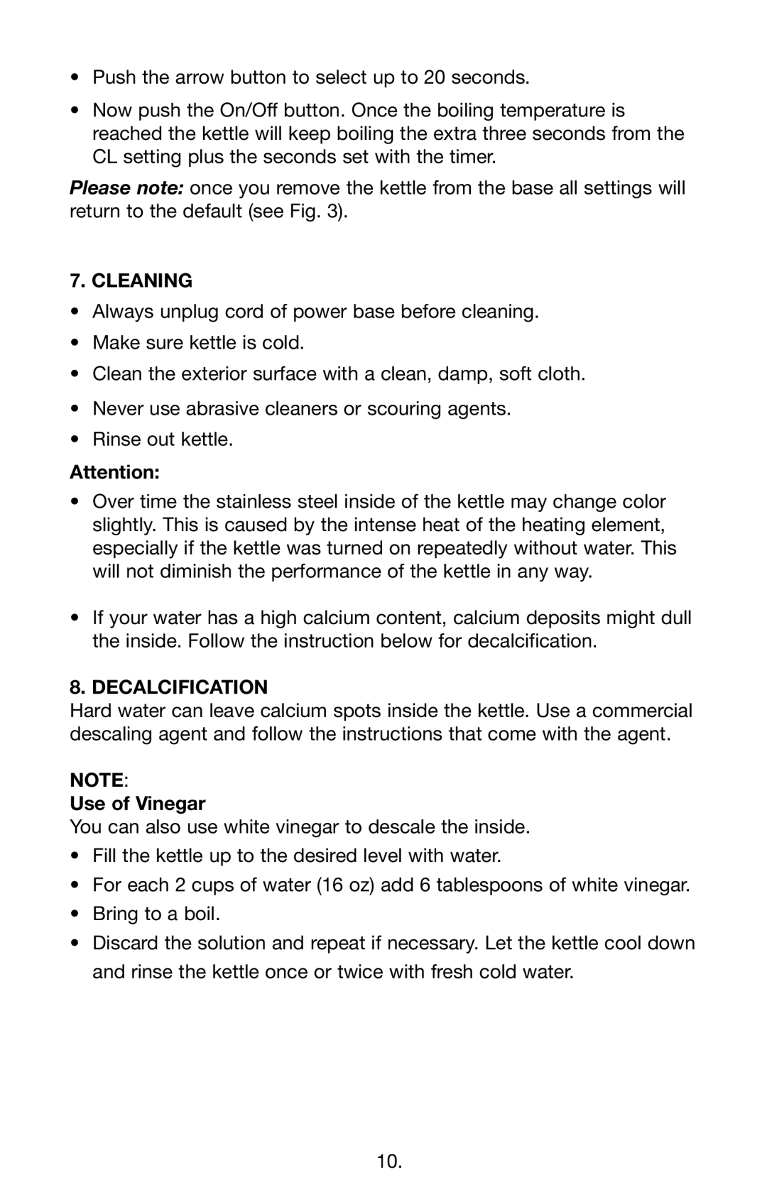 Capresso 275, 276 operating instructions Cleaning, Decalcification, Use of Vinegar 