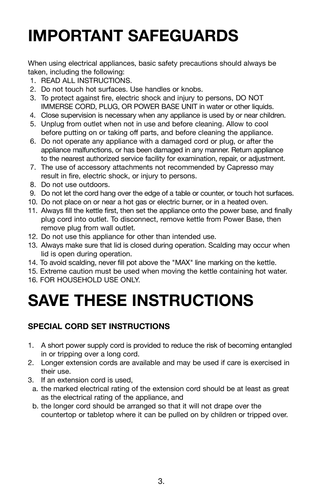 Capresso 276, 275 operating instructions Special Cord Set Instructions, Important Safeguards, Save These Instructions 