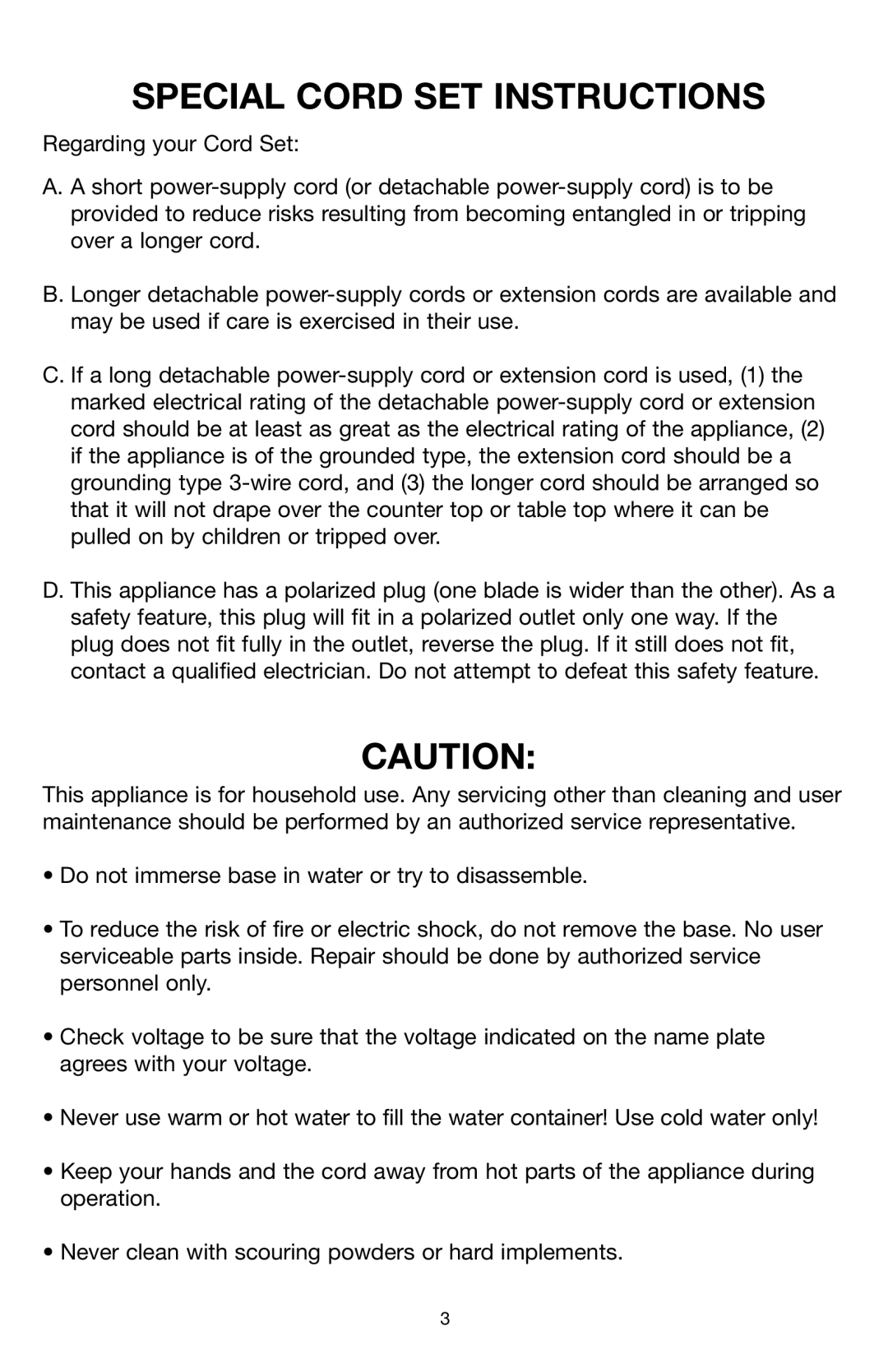 Capresso #303 warranty Special Cord SET Instructions 