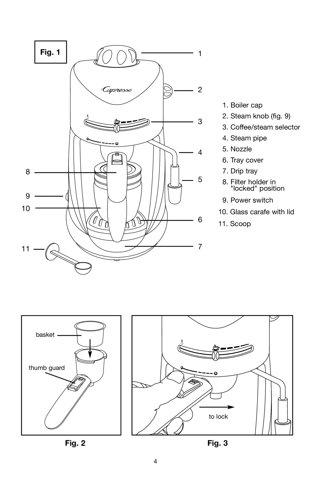 Capresso #303 Boiler cap 2. Steam knob . Coffee/steam selector, Steam pipe 5. Nozzle 6. Tray cover 7. Drip tray, to lock 