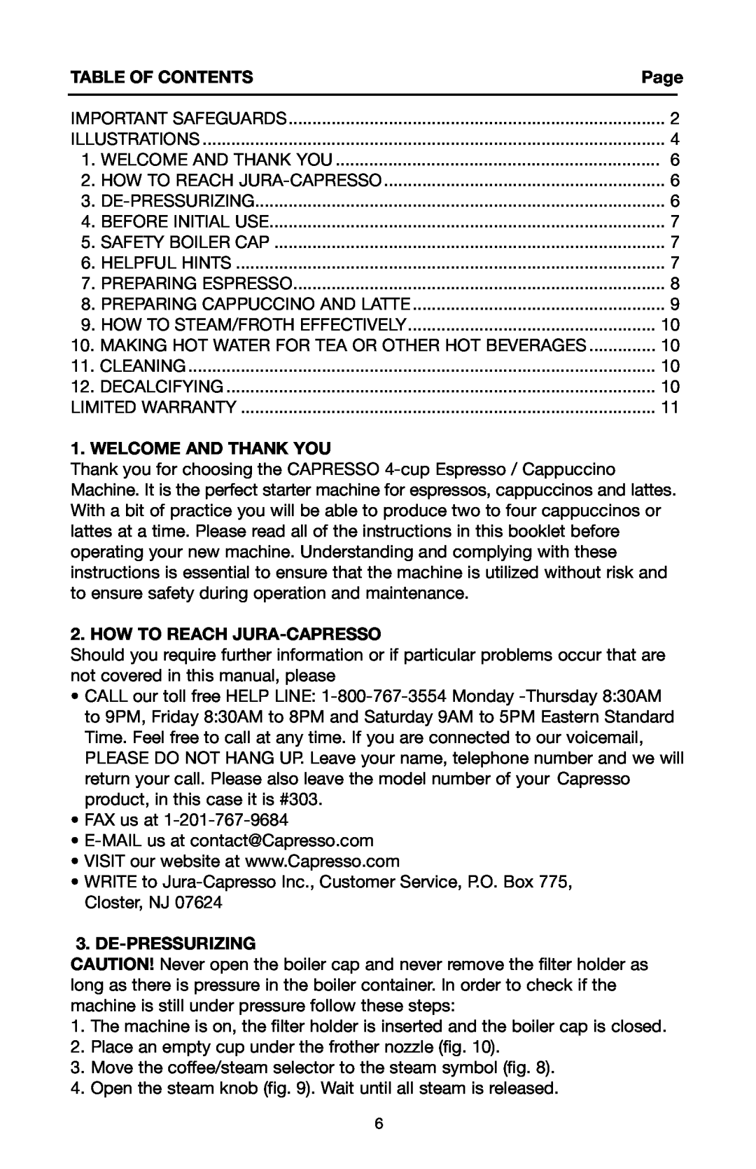 Capresso #303 warranty Table Of Contents, Page, Welcome And Thank You, How To Reach Jura-Capresso, De-Pressurizing 