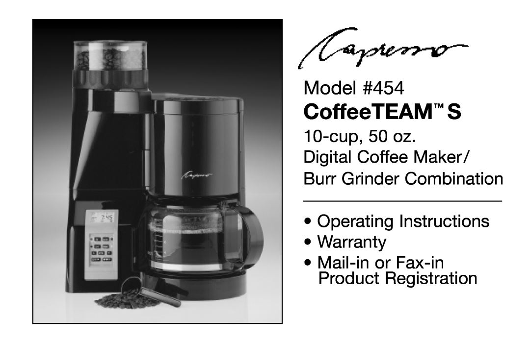 Capresso warranty CoffeeTEAM S, Model #454, 10-cup, 50 oz. Digital Coffee Maker/ Burr Grinder Combination 