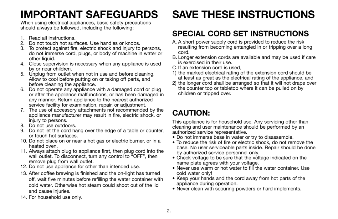 Capresso 464 operating instructions Important Safeguards 