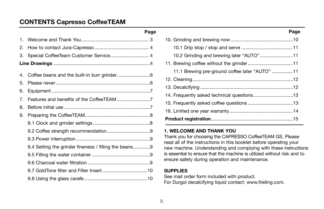 Capresso 464 operating instructions Contents Capresso CoffeeTEAM 