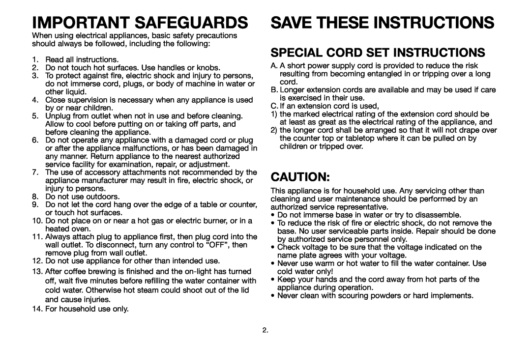 Capresso 464 operating instructions Important Safeguards, Save These Instructions, Special Cord Set Instructions 