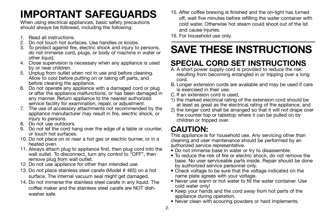 Capresso 465 warranty Important Safeguards 