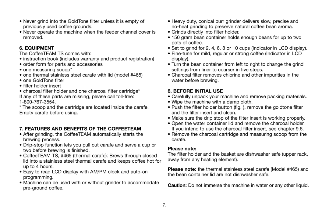 Capresso 465 warranty Equipment, Features and Benefits of the Coffeeteam, Before Initial USE, Please note 