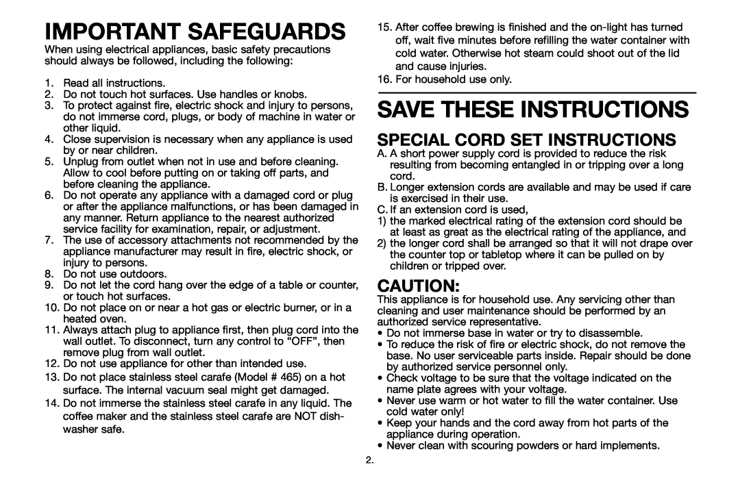 Capresso 465 warranty Important Safeguards, Save These Instructions, Special Cord Set Instructions 
