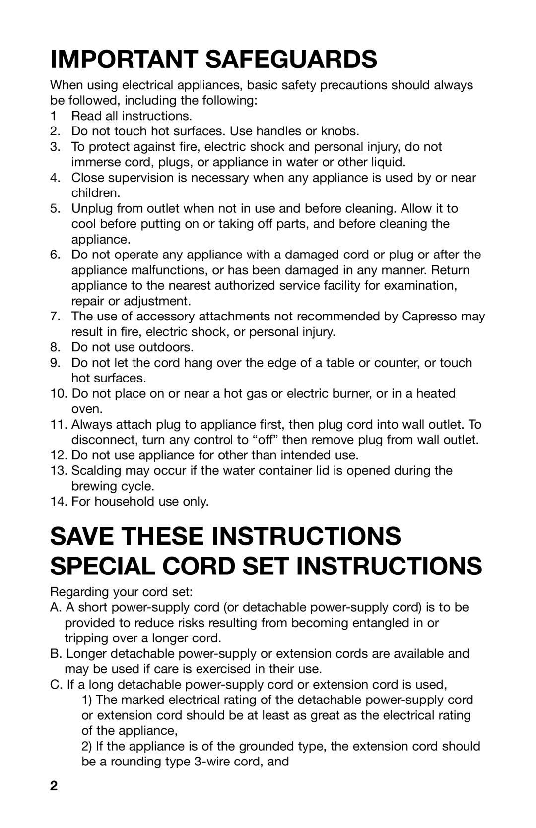 Capresso 476 warranty Important Safeguards 