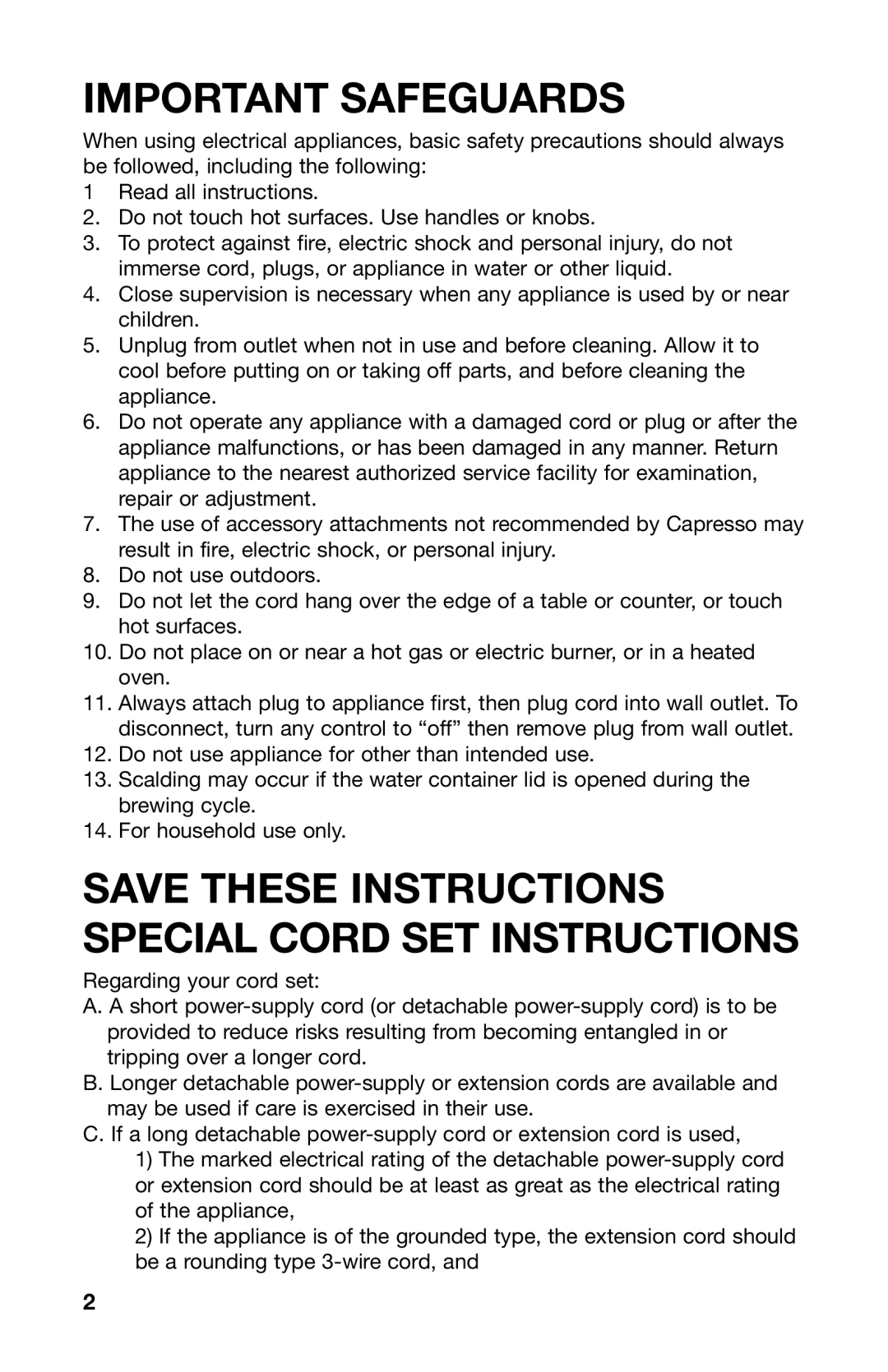 Capresso 476 warranty Important Safeguards, Save These Instructions Special Cord Set Instructions 