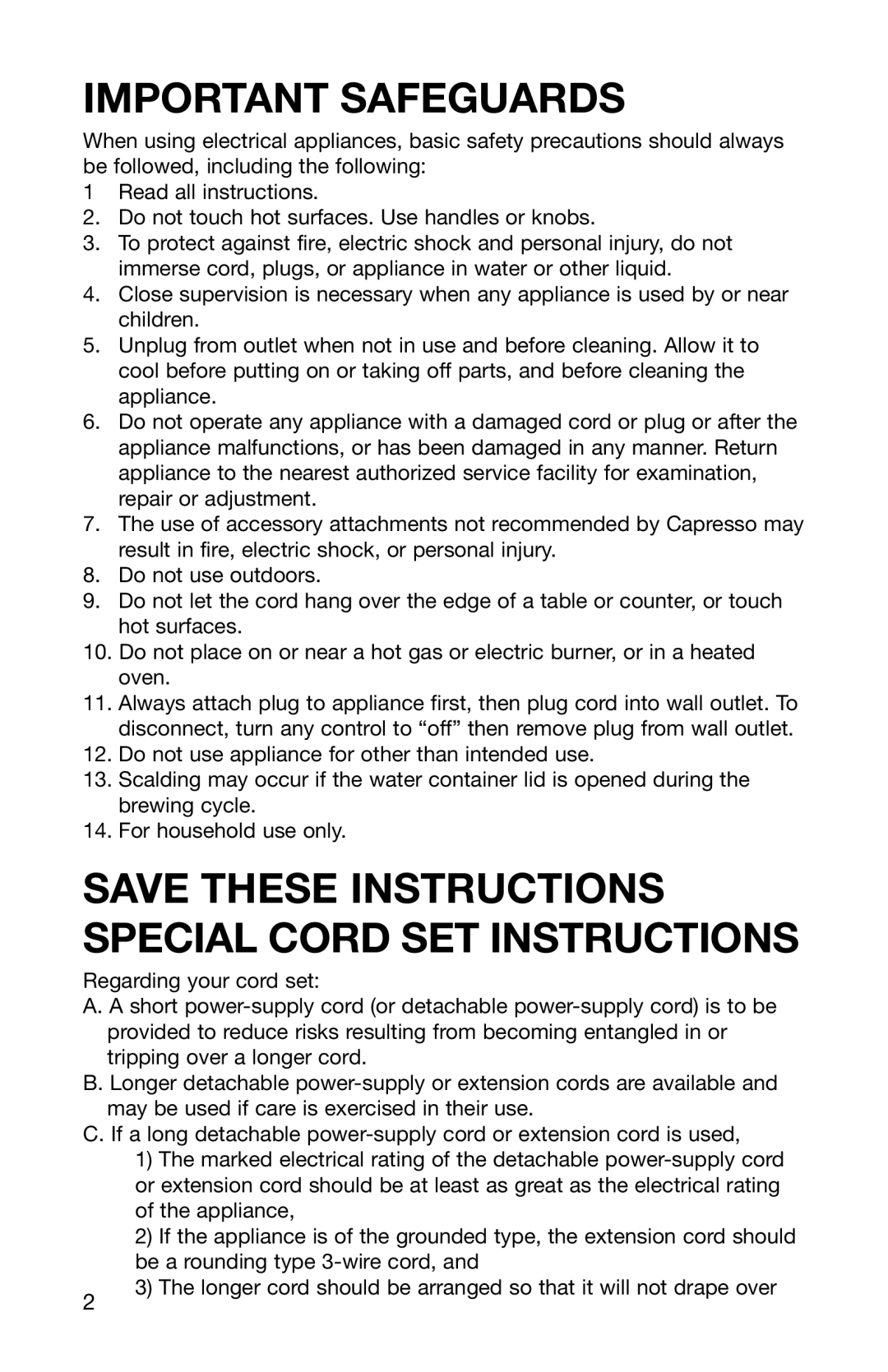 Capresso 484 operating instructions Important Safeguards, Save These Instructions Special Cord Set Instructions 