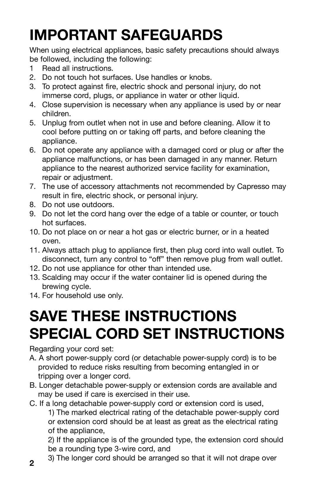 Capresso 485 warranty Important Safeguards 