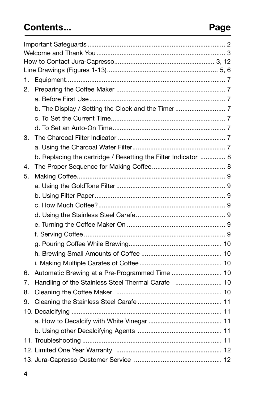 Capresso 485 warranty Contents 