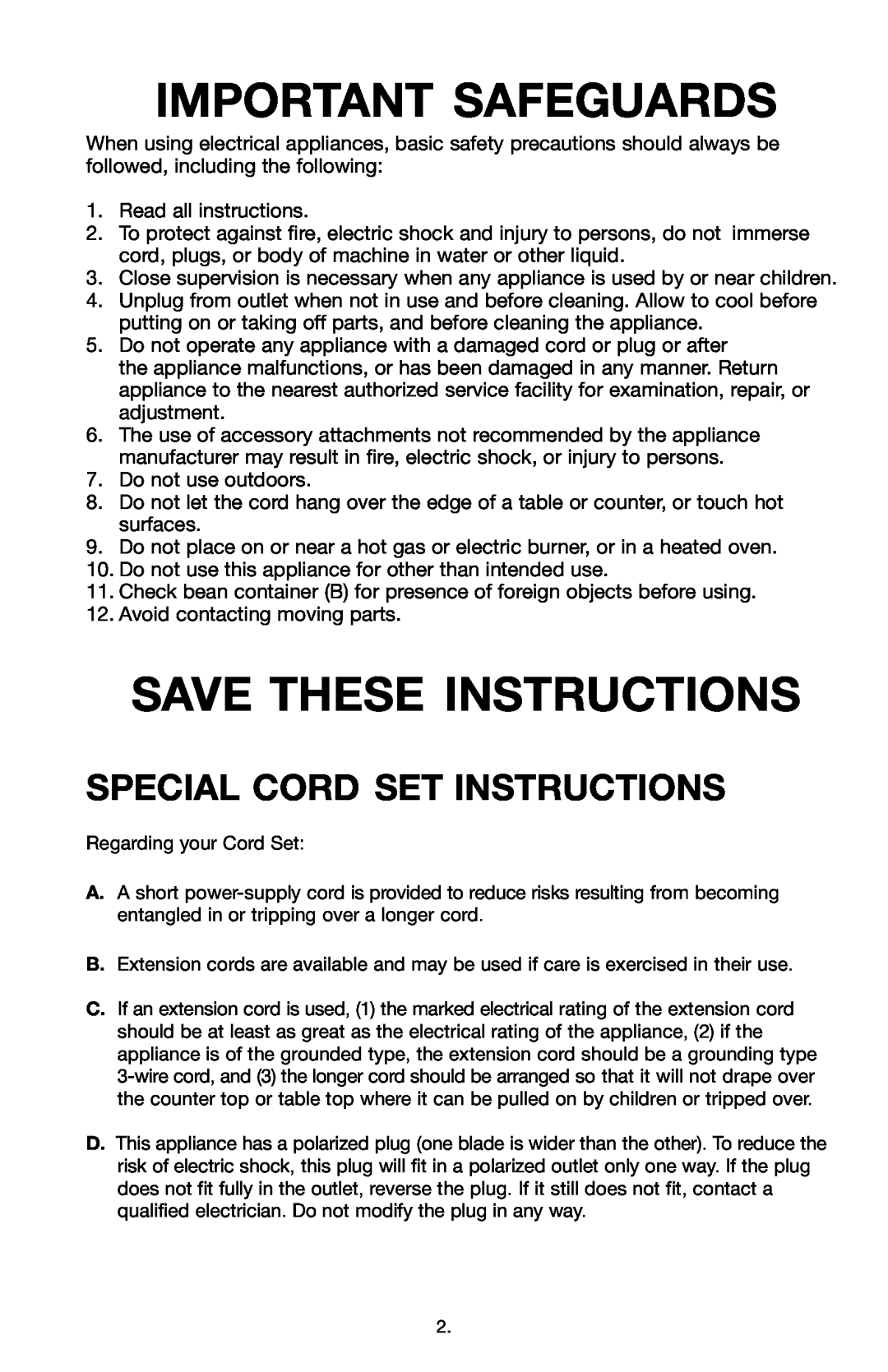 Capresso 559 warranty Important Safeguards, Save These Instructions, Special Cord Set Instructions 